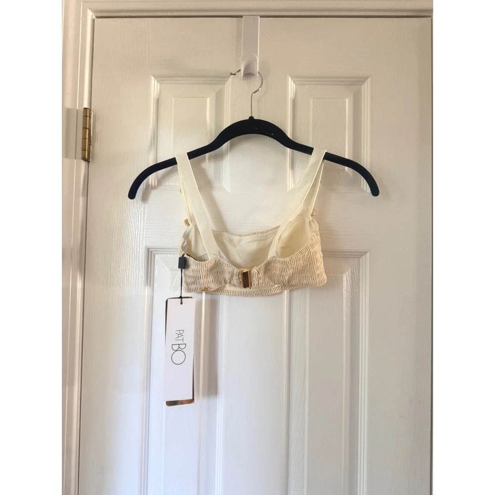 PatBO Metallic Ribbed Knit Bikini Top Off White Gold Button XS
